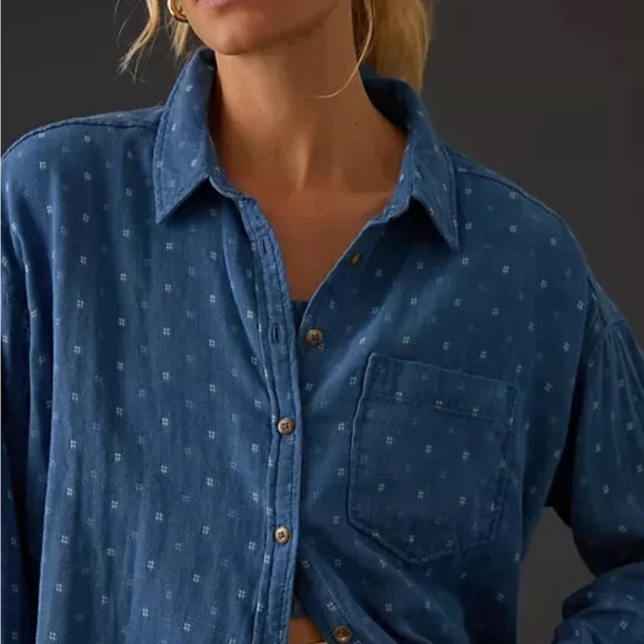 Anthropologie Pilcro Cotton Oversized Chambray Demin Gauze Blue Shirt - Picture 1 of 10